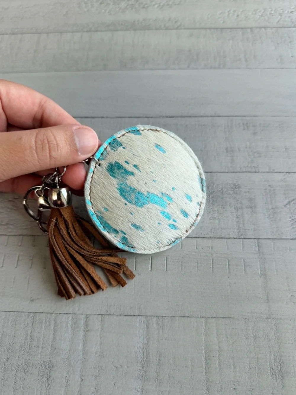 Western Acid Wash Round Turquoise & White Haircalf Keychain with Brown Tassel